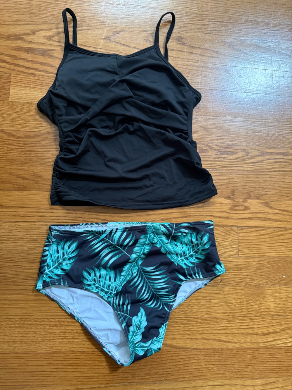 Black Tankini Top with Teal Palm-Print High-Waist Bottoms - girls Swim